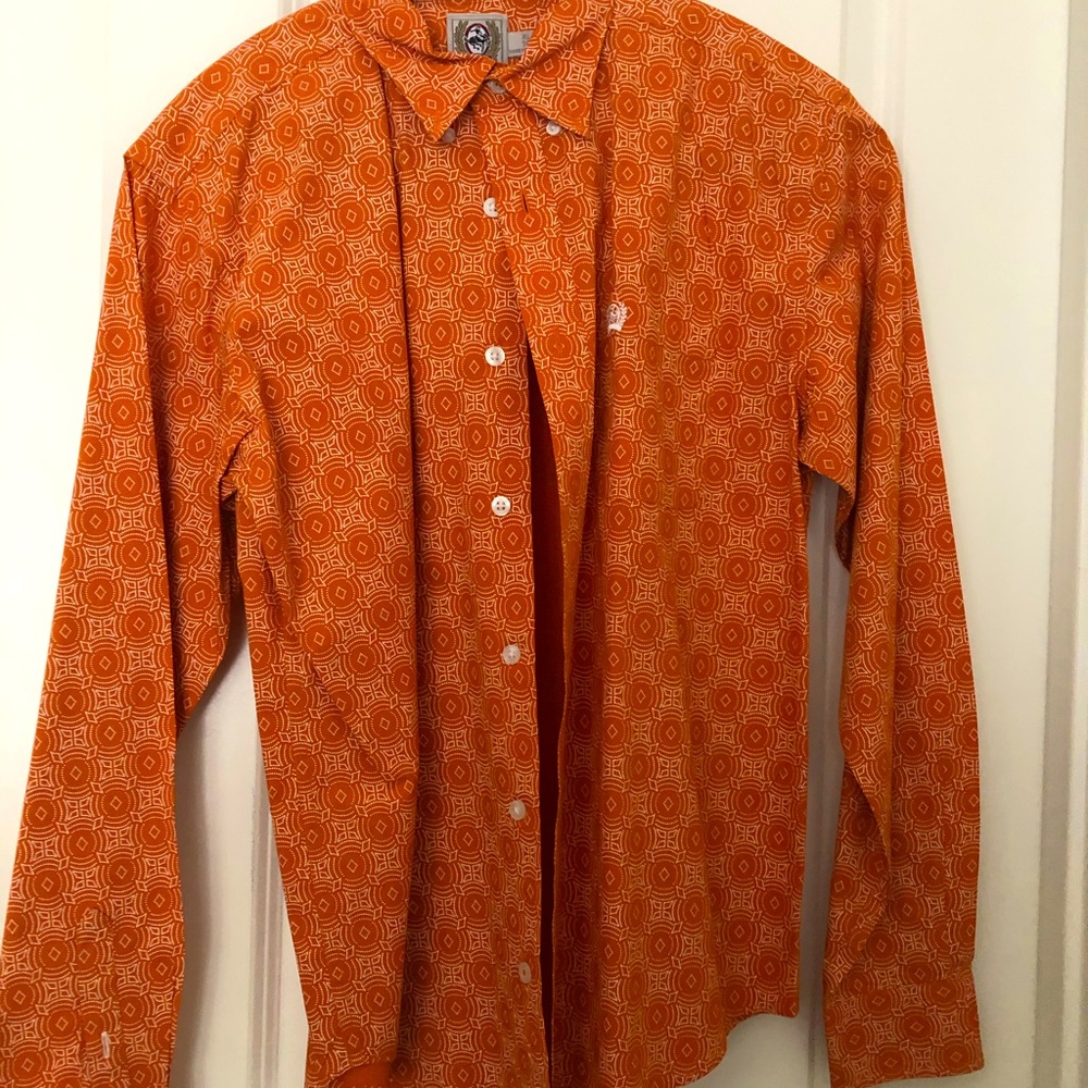 Orange and white patterned button up shirt